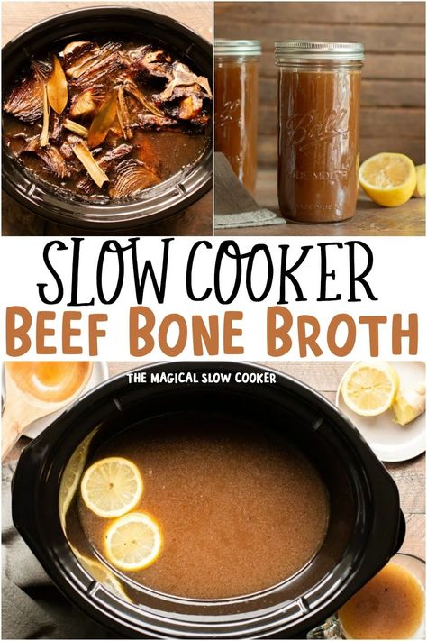 Slow Cooked Beef Bone broth made in the Crockpot with garlic, ginger, lemon and apple cider vinegar. Make a big batch and freeze for later. #bonebroth #crockpot - The Magical Slow Cooker Beef Bone Broth Recipe, Slow Cooker Bone Broth, Homemade Beef Broth, Bone Broth Soup, Making Bone Broth, Homemade Bone Broth, The Magical Slow Cooker, Bone Broth Recipe, Beef Bone Broth