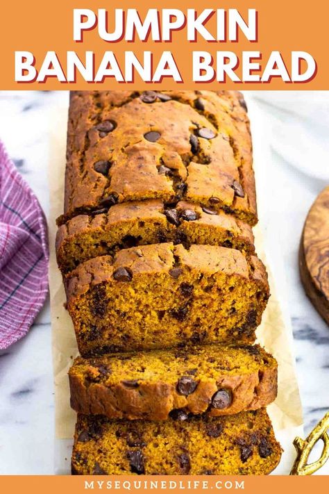 A loaf of half-sliced pumpkin banana bread with chocolate chips. Easy Pumpkin Banana Bread, Pumpkin Banana Bread Recipe, Holiday Bakes, Pumpkin Banana Bread, Gf Baking, Swirled Bread, Pumpkin Banana, Harvest Recipes, Pumpkin Bread Recipe