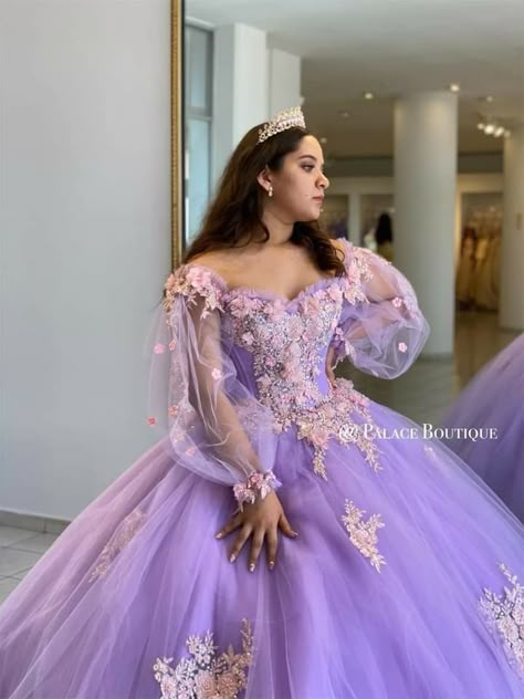 Cute Quinceanera Dresses Purple, Repunzel Quince Dress, Purple Quince Dress With Flowers, Quensenara Dresses Purple, Quince Invations Purple, Purple Flower Quinceanera Dresses, Tangled Dress Prom, Purple Quinceanera Dresses With Sleeves, Sweet 16 Purple Dress