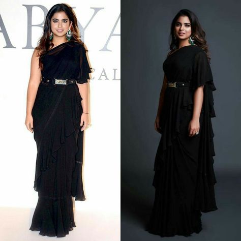 Black Ruffle Saree, Francescas Outfits, Long Kurta Designs, Ruffled Saree, Isha Ambani, Reception Outfits, Black Wear, Handmade Fabric Bags, Long Kurta