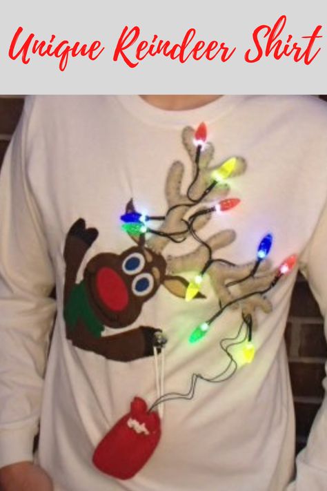 Reusable Wrapping Paper, Christmas Light Necklace, Reindeer Diy, Diy Christmas Shirts, Reindeer Outfit, Diy Ugly Christmas Sweater, Diy Christmas Lights, Funny Image, String Of Lights