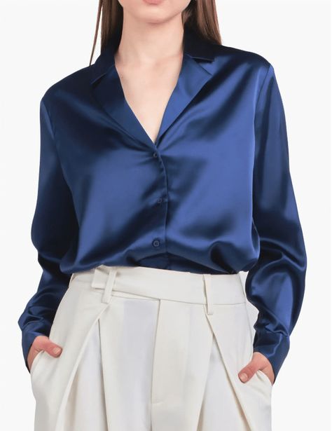 Must-Have Satin Shirts to Buy Now 50 Is Not Old fashion blogger, tania stephens blue satin Satin Top Outfit, Satin Shirt Outfit, Shirts To Buy, Satin Shirts, Satin Button Up, Over Shirt, Future Outfit, Blouse Nordstrom, Satin Blouses