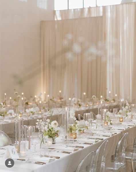 Simple White Reception Decor, Neutral Ceremony Decor, Wedding Reception Long Table Decorations, Bridal Table Candles, Trending Wedding Centerpieces, Ivory Linens Wedding Table, White Flowers Table Decor, Candle Decor Wedding Reception Ideas, Minimal Wedding Florals