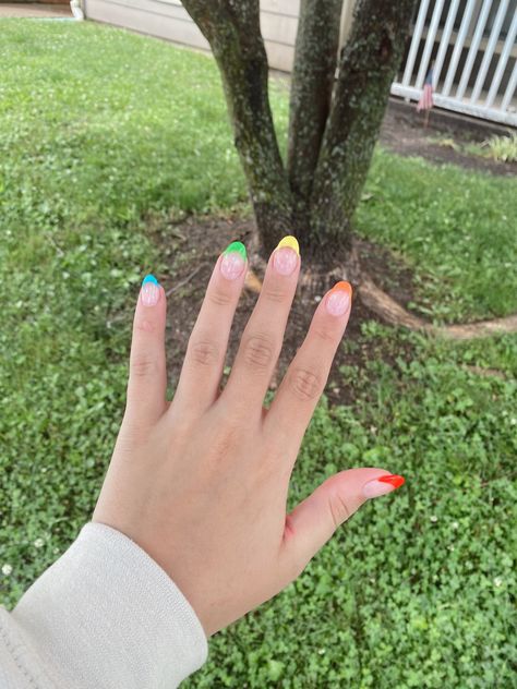 Pride month nails rainbow nails Color Full French Tip Nails, Pride Nails French Tips, Nails For Pride, Subtle Pride Nails, Rainbow French Tip Nails, Pride Month Nails, Rainbow French, Prom 23, Pride Nails