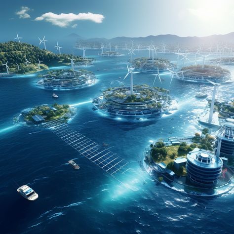 An oceanic scene powered by renewables, featuring a network of floating solar panels and offshore wind farms, the azure sea reflecting the clean energy infrastructure, distant ships powered by green technology, conveying a vision of a sustainable maritime future, 3D rendering, emphasizing the sleek design of renewable energy platforms. A Pixar 3D animated view from bird's eye, glistening solar panels and wind turbines with pristine gently flowing waves, the sun shines bright in blue sky, seagu Utopia City, Scifi Building, Earth's Spheres, Solar City, Offshore Wind Farms, Eco City, Solar Farm, Sci Fi Environment, Alternate Worlds