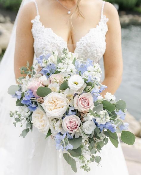 Dusty Blue, blush and white wedding bouquet by The Flower Petal at Blue Heron Event Center in Medina. Dusty Blue Bride Bouquet, Blush Sage Blue Wedding, Dusty Blue Wedding Bouquet Brides, Blush And Blue Wedding Flowers, Dusty Blue And Blush Bouquet, Dusty Blue And Blush Wedding Flowers, Mauve And Light Blue Wedding, Pink And Blue Wedding Bouquets, Powder Blue And Blush Pink Wedding