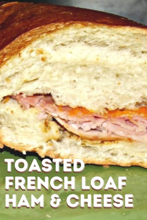 This Toasted French Loaf Ham and Cheese sandwich is easy to make as a delicious dinner or lunch for the whole family. Perfect for busy weeknights! French bread, sliced ham and mustard are all you need to make this hot and comforting meal. Baked French Bread Sandwiches, French Loaf Sandwich Ideas, Cheeseburger Soup Slow Cooker, Ham Sandwich Recipes, Hoagie Sandwiches, Baked Sandwiches, Cheese Sandwich Recipe, French Bread Loaf, French Loaf