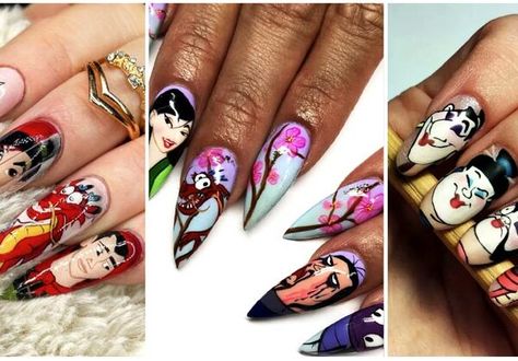 Get inspired to make true Mulan nail art with these magical designs. Get the Mulan look...here's how. Mulan Nails, Disney Nail Design, Disney Themed Nails, White Short Nails, Disney Princess Nails, Disney Nail Designs, Dragon Nails, Disney Nail, Nail Art Disney