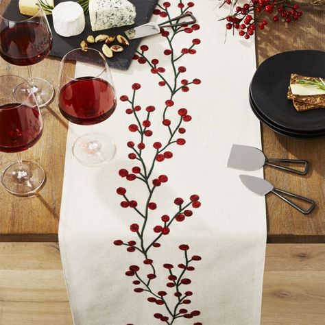 Free Shipping. Shop Holiday Berries 90" Embroidered Table Runner. A vine of delightful red berries embroiders our natural cotton flax table runner with a pop of seasonal color. Casual yet sophisticated, the placemat coordinates with matching placemat and napkin. Embroidery Table, Diy Christmas Table, Holiday Berries, Christmas Embroidery Patterns, Embroidered Table Runner, Christmas Runner, Table Runner And Placemats, Table Runner Pattern, Christmas Table Cloth