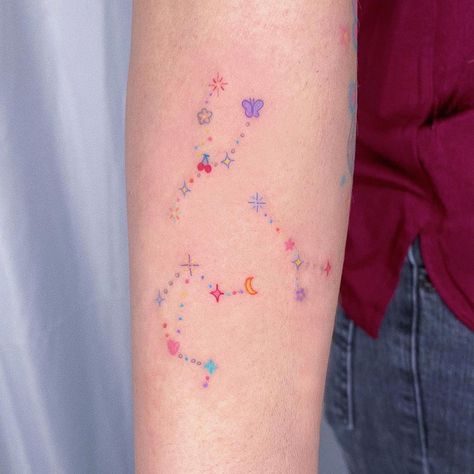 Colorful Stars Tattoo, Pixie Tattoo, Small Colorful Tattoos, Symbols Tattoo, Bright Tattoos, Planet Tattoos, Handpoke Tattoo, Kawaii Tattoo