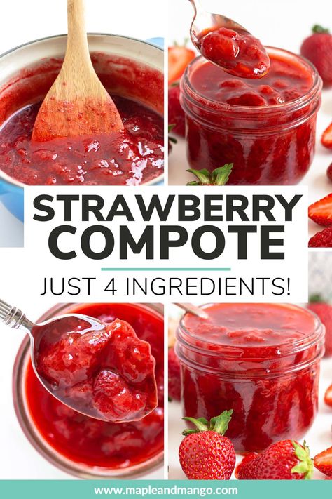 Learn how easy it is to make this super delicious strawberry compote recipe. Just 4 simple ingredients and so versatile! Use it as a strawberry topping on anything from breakfast favorites like pancakes and waffles to desserts like ice cream, cheesecake and more! This easy, homemade strawberry sauce sure is a great way to enjoy the taste of sweet summer strawberries! | www.mapleandmango.com Strawberry Compote Recipe, Ice Cream Cheesecake, Strawberry Recipes Easy, Breakfast Favorites, Fresh Strawberry Recipes, Strawberry Treats, Homemade Strawberry Sauce, Compote Recipe, Strawberry Compote