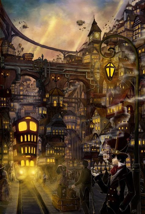 ʂŧɘąɱ ~ Steampunk & Victoriana ~ Le petit monde de Guiz: Ville steampunk Ville Steampunk, Steampunk Kunst, Steampunk City, Steampunk Artwork, Creature Fantasy, Steampunk Aesthetic, Art Geek, Diesel Punk, Arte Cyberpunk