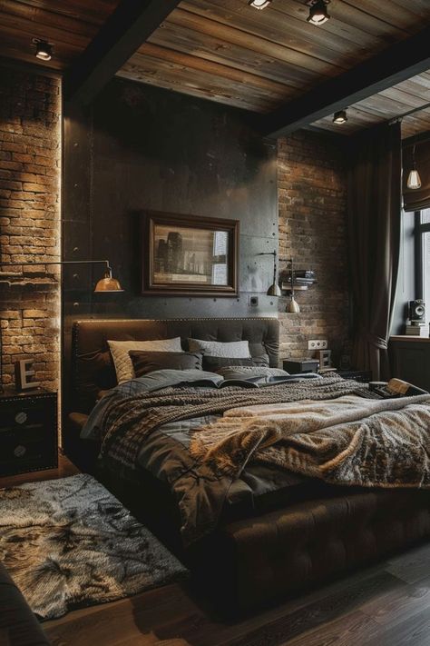 Moody Log Cabin Interior, Rustic Industrial Decor Master Bedrooms, Masculine Bedroom Lighting, Modern Industrial Bedroom Design, Black And Wood Bedroom, Black And Rust Bedroom, Bedroom Industrial Style, Bachelor Pad Bedroom, Farmhouse Style Living Room Decor