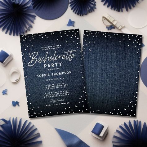 Denim Diamonds Glitter Elegant Bachelorette Party Invitation Diamonds Bachelorette, Sparkle Bachelorette Party, Elegant Bachelorette Party, Classy Bachelorette, Dream Wedding Ceremony, Denim Background, Bridal Brunch Invitations, Chic Bridal Showers, Bachelorette Party Invitation