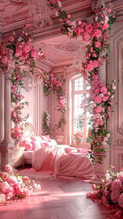 Pink Fantasy Bedroom, Flower Room Ideas, Dream Bedroom Inspiration, Tout Rose, Fantasy Rooms, Pretty Phone Wallpaper, Cute Bedroom Decor, Dream House Rooms, Cozy Room Decor