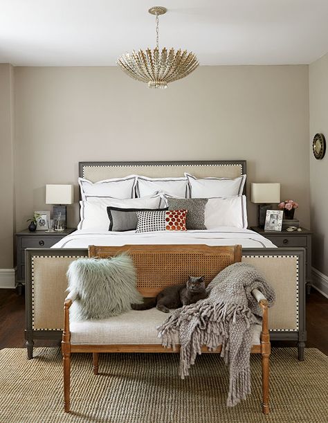 A Fashion Designer's Historic Montreal Rowhouse - House & Home Ideas For A Bedroom, Leather Banquette, Custom Bookshelves, Painted Slate, Mansard Roof, Bedroom Design Inspiration, Grey Palette, Interior Lights, Tufted Chair