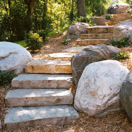 Limestone Boulders Landscapes, Stairs To Backyard, Natural Stone Walkway, Natural Stone Steps, Boulder Steps, Rock Steps, Lake Landscaping, Landscaping With Boulders, Landscape Stairs