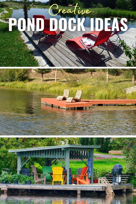 Browse our collection of 21 hand-picked dock ideas to add a little waterfront charm and functionality to your pond! Pond Dock Ideas Backyards, Pond Dock Ideas, Pond Docks, Pond Dock, Diy Dock, Building A Dock, Small Dock, Backyard Stream, Dock Ideas