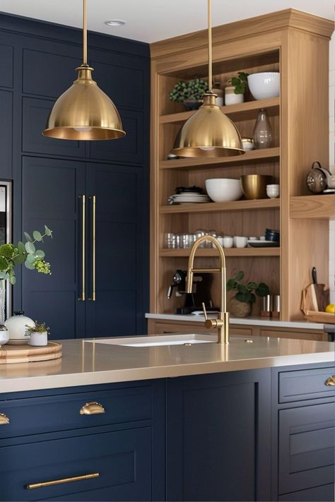 Blue And Oak Kitchen, Navy Kitchen Cabinets, Dark Blue Kitchens, Two Tone Kitchen Cabinets, Natural Wood Kitchen, Navy Kitchen, Upper Kitchen Cabinets, Blue Kitchen Cabinets, Two Tone Kitchen