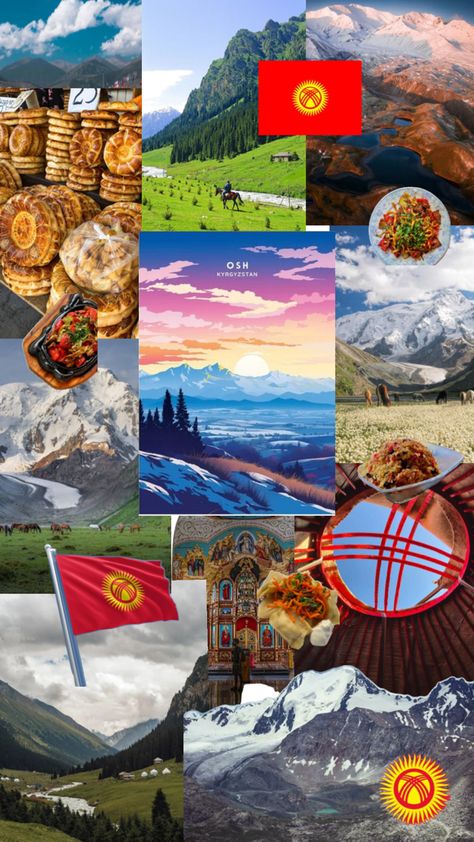 #collage #aesthetic #country #travel #Kyrgyzstan #culture #Osh #viralpost #food #flag Kyrgyzstan Flag, Aesthetic Country, American Country, Travel Souvenirs, Central Asia, Viral Post, Dream Vacations, Flag, Marvel