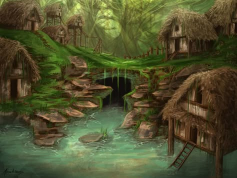 Hut Village, Virtual Villagers, Egypt Games, Night Castle, Village Drawing, Fantasy Village, Forest City, Scene Art, Fantasy Places