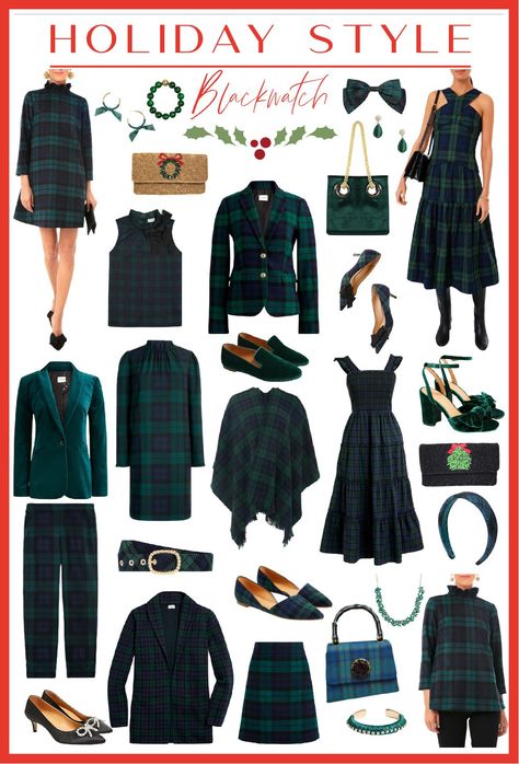 Tartan Plaid Christmas Family Pictures, Tartan Family Christmas Pictures, Tartan Outfits For Women, Green Tartan Dress, Black Watch Tartan Outfit, Tartan Dress Outfit Winter, Plaid Holiday Outfits, Green Tartan Skirt Outfit, Tartan Outfit