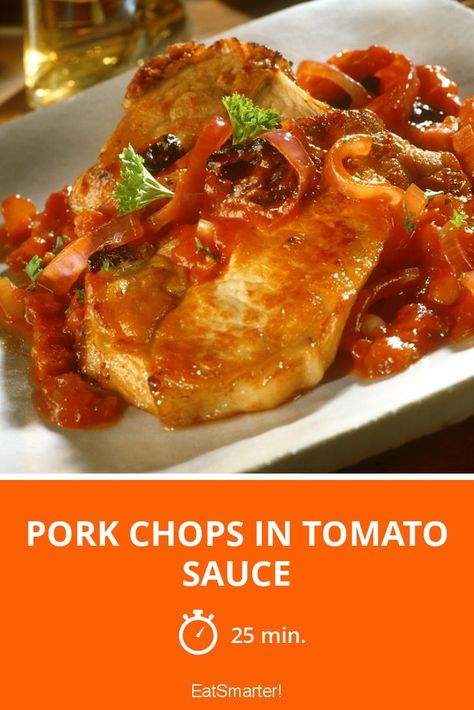 Pork Chops in Tomato Sauce - quick recipe - simple dish - A recipe idea by EAT SMARTER | Meat, Roast #pork #recipes Pork Chops In Tomato Sauce, Roast Pork Recipes, Vietnamese Pork Chops, Pork Chop Marinade, Vietnamese Pork, Pork Sauce, Pork Marinade, Marinated Tomatoes, Tomato Relish