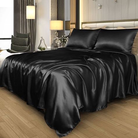 Black Satin Blanket, Black Satin Bedding, Black Satin Sheets Bedroom, Satin Sheets Aesthetic, Black Satin Sheets, Satin Products, Black Bed Sheets, Satin Bed, Satin Blanket