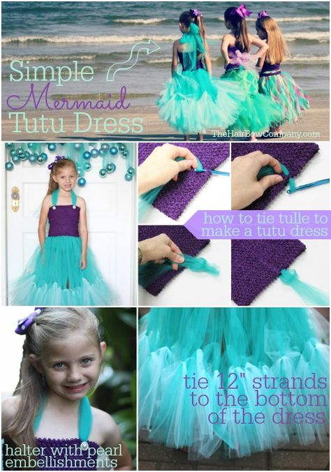 This is our easiest dress in our DIY mermaid dress collection! Create a basic dress and add a few adorable embellishments for this fun fin look! Diy Mermaid Dress, Simple Mermaid Dress, Mermaid Tutu Dress, Make A Tutu, Sew Halloween Costume, Diy Tutu Dress, Tulle Crafts, Diy Tutus, Mermaid Tutu