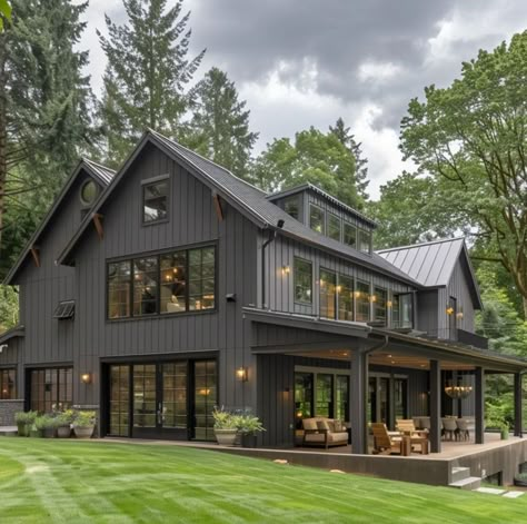 Masculine Barndominium, Pretty Barndominium Exterior, Mountain Style Home Exterior, Barndo Decorating Ideas, Barndominium Lake House Ideas, Burnished Slate Barndominium, Fancy Barndominium, Lake House Barndominium, Barndominium Ideas Exterior Colors