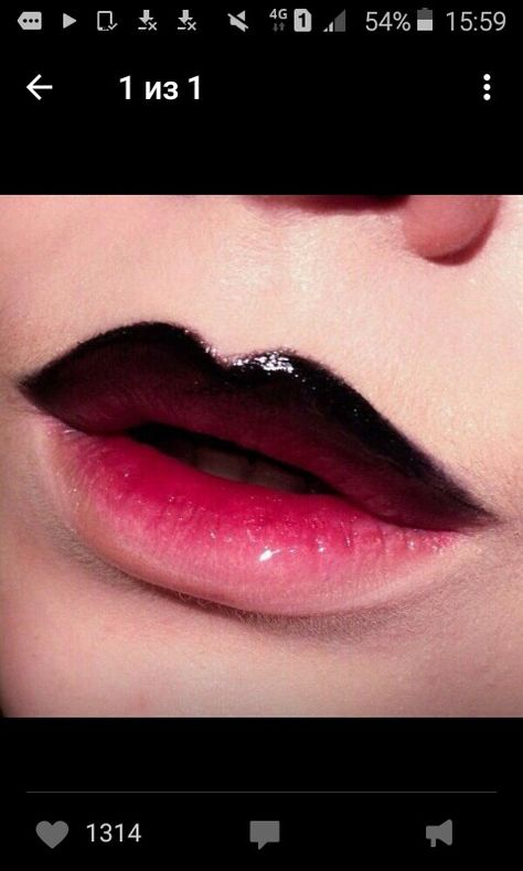 Dark Upper Lip Lipstick, Black Glossy Lips, Black Top Lip Makeup, Dark Upper Lip Makeup, Black Upper Lip Makeup, Upper Lip Makeup, Dark Upper Lip, Two Toned Lips, Whimsigoth Makeup