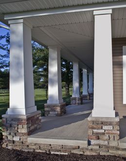 covered porches with just enough stone Post Wraps Porch, Wrap Around Porch Landscaping, Stone Front Porch Ideas, Stone Front Porch, Craftsman Columns, Front Porch Stone, Porch Pillars, Fiberglass Columns, Craftsman Porch