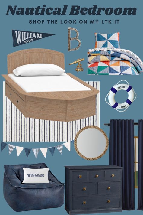 Create a dreamy escape for your little one with this bedroom decor, perfect for any aspiring captain. Click on the pin to shop the look and create a nautical-themed bedroom for your little boy that will transport him to the high seas every night! #NauticalBoysBedroom #BoatBed #NavyStripedRug #KidsRoomDecor #QuiltedComforter #RopeMirror #boysbedroomdecor Little Boy Bedroom, Nautical Themed Bedroom, Boat Bed, Nautical Bedroom, Boy Bedroom Design, Speed Boat, Themed Bedroom, Perfect Bedroom, Boys Bedroom Decor