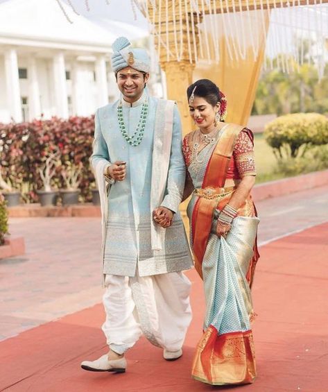 Sarees Combination, Bridegroom Outfits, Wedding Matching Outfits, Saree Ceremony, Indian Matrimony, Indian Wedding Clothes For Men, Groom Dress Men, Wedding Outfits For Groom, Indian Groom Wear