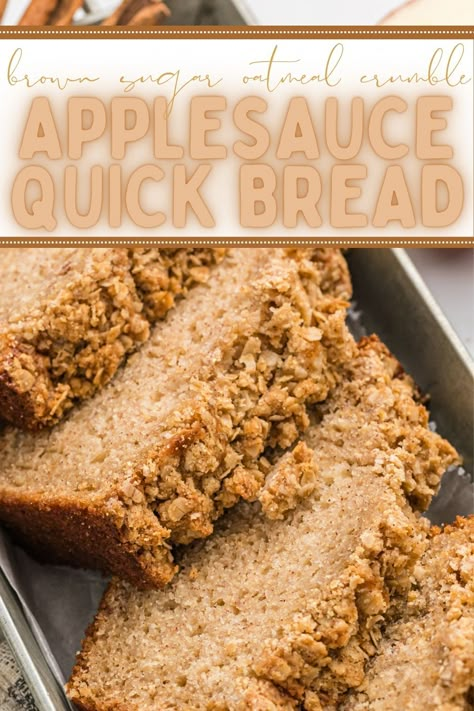 Applesauce Bread is a quick bread recipe which requires no yeast! A lightly spiced applesauce bread made with lots of moist ingredients like oil, buttermilk, and applesauce. Topped with a buttery brown sugar & oatmeal crumble topping. Vanilla Oatmeal Applesauce Bread, Spiced Applesauce Bread, Oatmeal And Applesauce Recipes, Crumble Topping With Oats, Bread Recipes Garlic, Recipes Garlic Bread, Brown Sugar Crumble Topping, Oatmeal Crumble Topping, Easy Protein Snacks