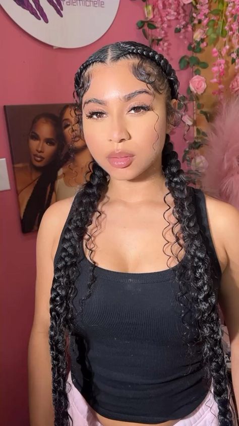 French Braids Aesthetic, 2 Braid Hairstyles, Ponytail Black Woman, Two Braids Hairstyle Black Women, French Braid With Weave, Two Cornrow Braids, Braids Aesthetic, Feed In Braids Ponytail, Island Hair