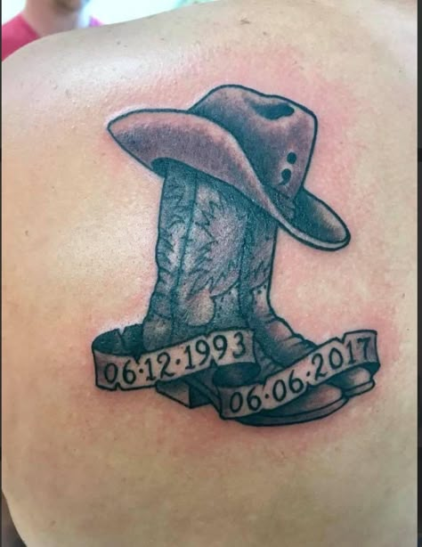 In Memory Tattoos, I Need A Tattoo, Bicep Tattoo Women, Cowboy Boot Tattoo, Cowboy Hat Tattoo, Memory Tattoos, Cowgirl Tattoos, Cowboy Tattoos, Draw Tattoo