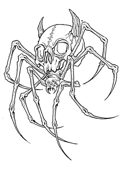 Horror Movie Tattoos Black And White, Spider And Skull Tattoo, Skull Spider Tattoo Design, Halloween Black And White Drawing, Tattoo Idea Sketches, Half Sleeve Stencil, Simple Tattoo Stencils For Men, Skull Spider Tattoo, Realistic Tattoo Stencil