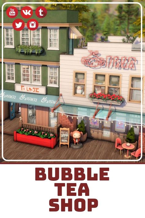 Speed build available here - JuliaFilms Sims Community Lot Ideas, Sims 4 Copperdale Build, Sims 4 Bubble Tea, Sims 4 Bubble Tea Shop, Copperdale House Sims 4, Sims 4 Copperdale House, Sims 4 Shops, Sims 4 Copperdale, Sims 4 Community Lots