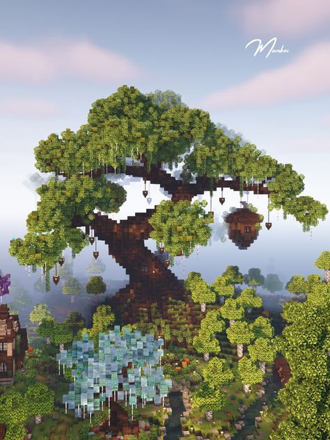 World Tree Minecraft, Ancient Tree Minecraft, Goth Minecraft Bridge, Minecraft Massive Tree, Minecraft Fantasy City Ideas, Tree Of Life Minecraft, Enchanted Tree Minecraft, Minecraft Willow Tree Design, Large Custom Tree Minecraft