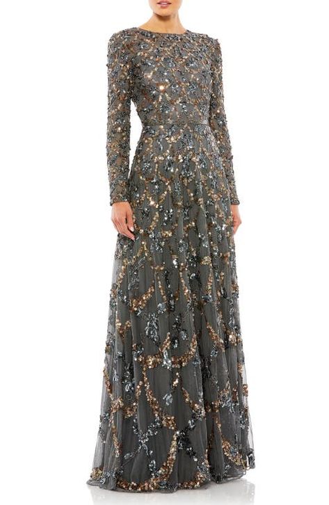 Women's Long Sleeve Formal Dresses & Evening Gowns | Nordstrom Luxury A-line Evening Dress For Festive Season, Luxury Formal Maxi Dress With Resham Embroidery, Luxury Maxi Length Sequin Dress For Gala, Luxury Maxi Dress With Embroidered Neckline For Festive Occasions, Luxury Maxi Length Gown With Resham Embroidery, Glamorous Long Sleeve Luxury Dress For Fall, Luxury Festive Maxi Dress For Ceremonial Occasions, Glamorous Long Sleeve Dress For Fall, Long Sleeve Glitter Dress Long