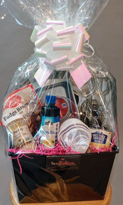 Baking Gift Basket Cake Pan Cupcake Pan Measuring Cups Oil Bottle Coconut Oil Brownie Mix Vanilla Extract Oven Mit Baking Sifter Sweetened Condensed Creamer Baker Gift Basket, Bakers Gift Basket Ideas, Baking Baskets Gift Ideas, Baking Gift Basket Ideas, Cheap Gift Basket Ideas, Cupcake Gift Baskets, Coconut Oil Brownies, Baking Gift Basket, Birthday Pancakes