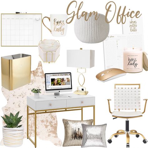 School Desk Makeover, Amazon Home Office, White Office Decor, Water Decor, Gold Office, Office Stationary, Work Office Decor, Sweet Water, Boss Office