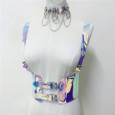 Holographic Choker, V Model, Belt Women, Body Harness, Waist Belt, Belts For Women, Bra Tops, Polyester Material, Metallic Silver