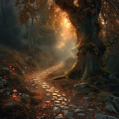 Enchanted Forest Path: A mystical forest scene, where sunlight pierces through the fog along a pebble-strewn, winding path. #enchanted #forest #path #sunlight #fog #mystical #nature #trees #aiart #aiphoto #stockcake https://ayr.app/l/W5uF Forest Cliff, Mystical Nature, Winding Path, Hidden Forest, Lost Treasure, Build Inspiration, Mystical Forest, Forest Path, Forest Road