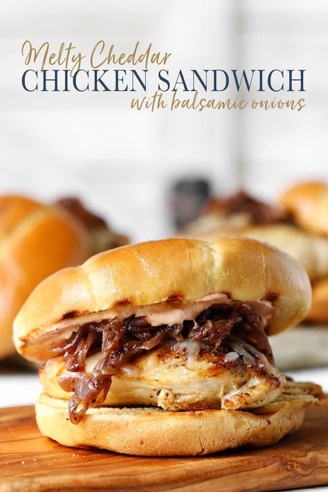 Monterey Chicken Sandwiches are simple to make, requiring just 30 minutes prep and basic ingredients. Toasted brioche buns topped with pan-seared chicken, Monterey Jack cheese and caramelized balsamic onions. via @Simply Sissom Chicken Sandwich On Pretzel Bun, Brioche Buns Sandwiches, Croque Sandwich, Chicken Monterey, Sliders Recipes, Monterey Chicken, Hot Sandwiches, Balsamic Onions, Specialty Sandwiches