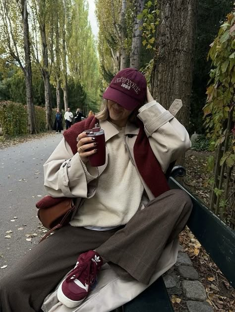 Burgundy Sneakers Outfit, Burgundy Adidas, Modest Winter Outfits, Dark Nail Polish, Dark Nail, Burgundy Outfit, Sneakers Brown, Beige Trench Coat, Color Combinations For Clothes