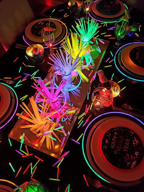 80s Prom Table Decorations, Neon Dinner Party, Techno Party Decoration, Neon Prom Theme Decoration, Electric Party Theme, Neon Dance Theme, Neon Table Centerpieces, 80s Theme Dance, Disco Party Table Decor