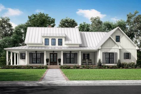 Modern 3-Bedroom 1-Story Farmhouse with 10'-Deep Wrap Around Porch and a Bonus Room (Floor Plan) Single Story Farmhouse Plans, Cottage Plans, Farmhouse Style House Plans, Country Style House Plans, Farmhouse House, Farmhouse Plan, Wrap Around Porch, Up House, House Plans Farmhouse