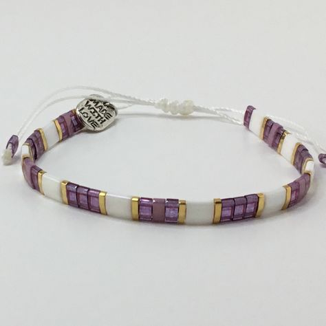 Beautiful Miyuki Tila Beaded Adjustable Bracelet. Color White, Purple, Gold And Amethyst. All Bracelets Are Handmade With High Quality Miyuki Glass Beads. Unit Price Is Firm $18 Bundle 2 Or More At $15/Each (Any Design) Tila Bracelets, Stretchy Beaded Bracelet, Super Duo, Beaded Bracelet Patterns, Adjustable Bracelet, Bracelet Patterns, Bead Bracelet, Purple Gold, Diy Bracelets